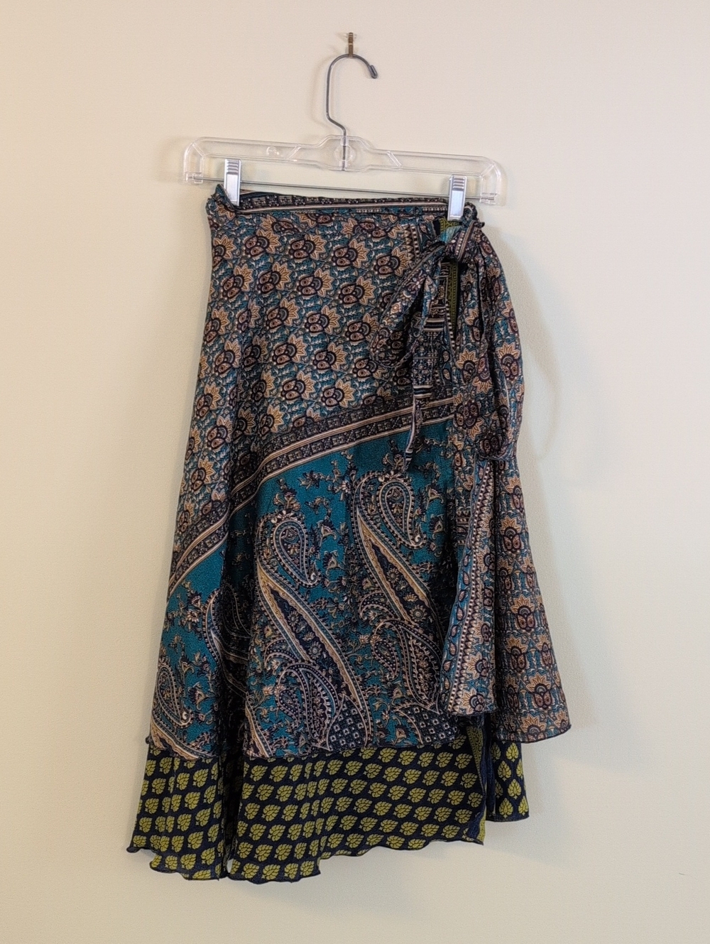 Asymmetrical Teal Paisley Wrap Skirt with Contrast Hem